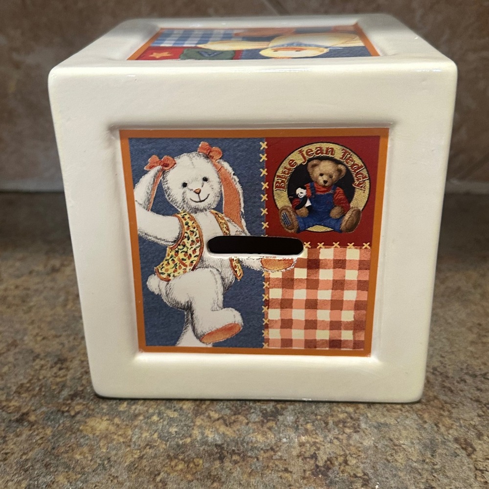 Vintage Blue Jean Teddy Springs Ceramic Coin Bank Nursery Block Bear Panda Bunny
